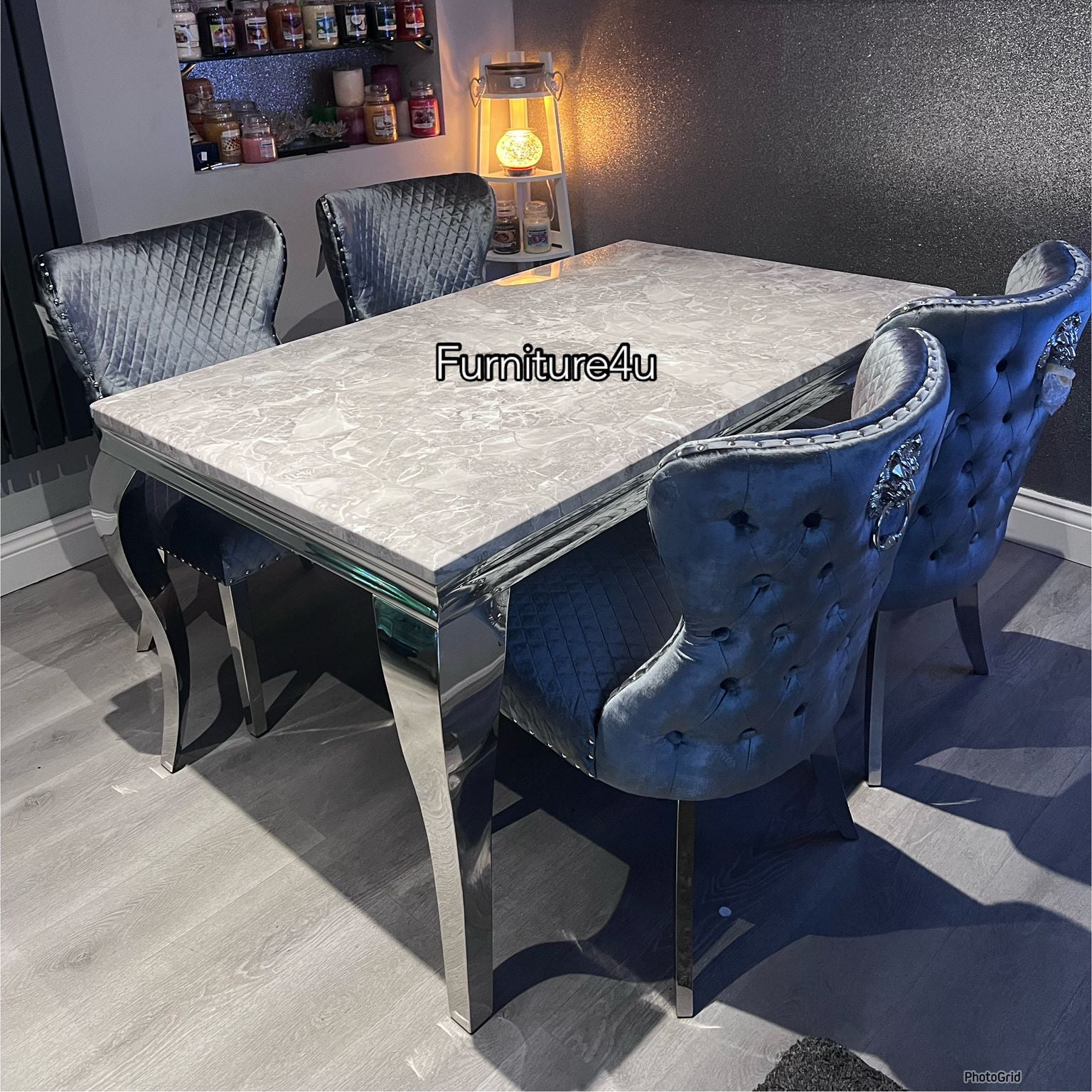 1.5 Grey Louis Marble 4 Silver Chelsea Chairs - Mirror4you